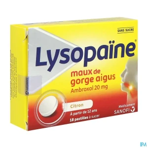 Lysopaine maux de gorge ambroxol citron 20mg sans sucre pastille 18 | Aesiel