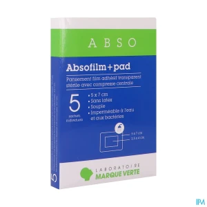 Marque verte absofilm+pad pansement film transparent 5cm x 7cm 5 | Aesiel