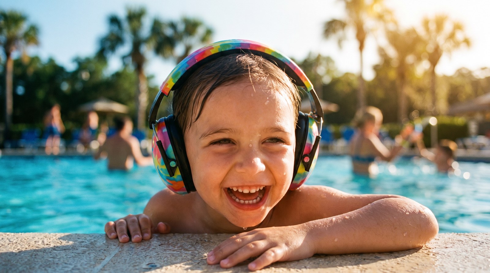 Enfant souriant au bord d'une piscine portant un bandeau de protection des oreilles