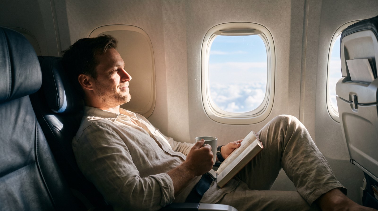 Voyageur détendu près du hublot d'un avion grâce à des bouchons d'oreille anti-pression
