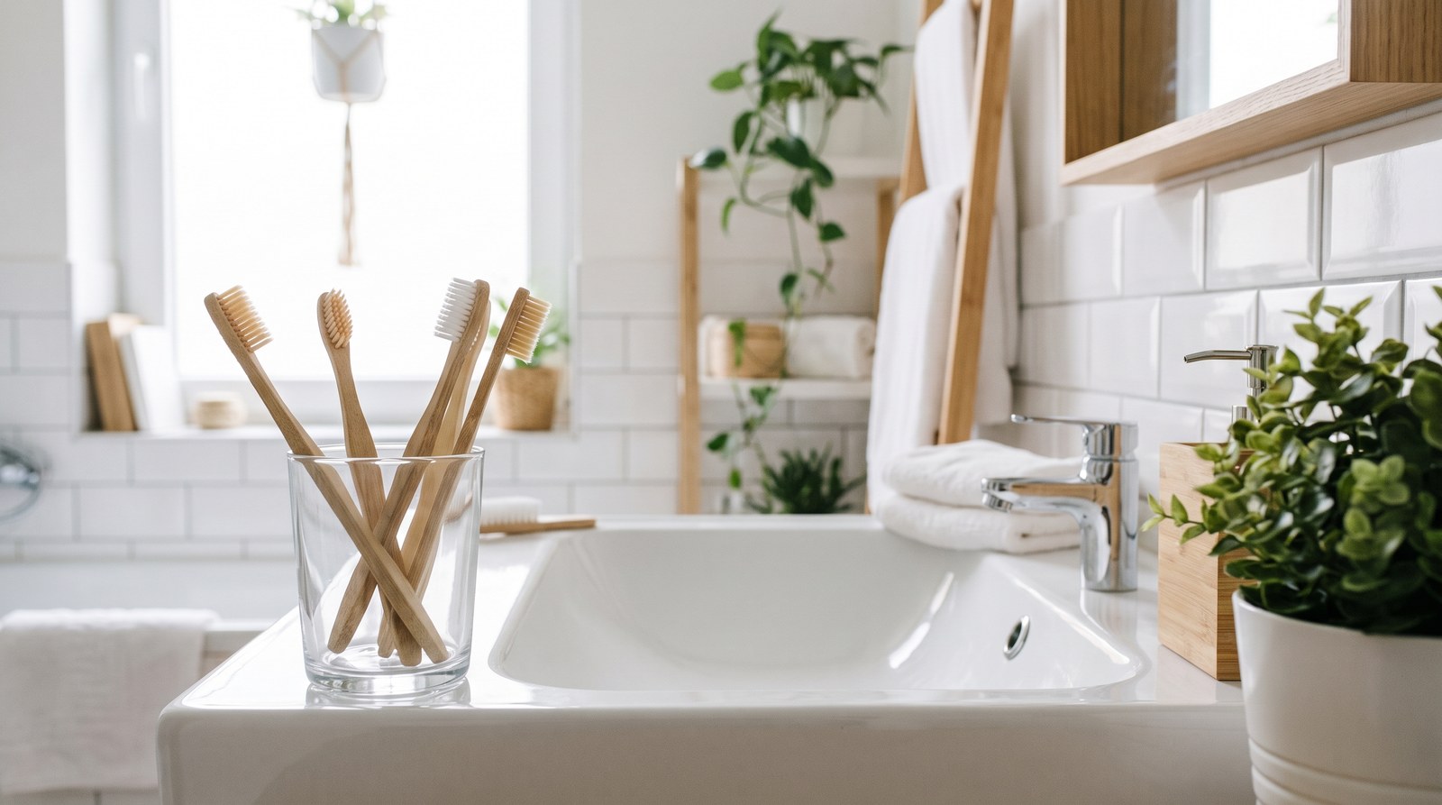 Brosses à dents aux poils souples dans un gobelet sur un lavabo de salle de bain