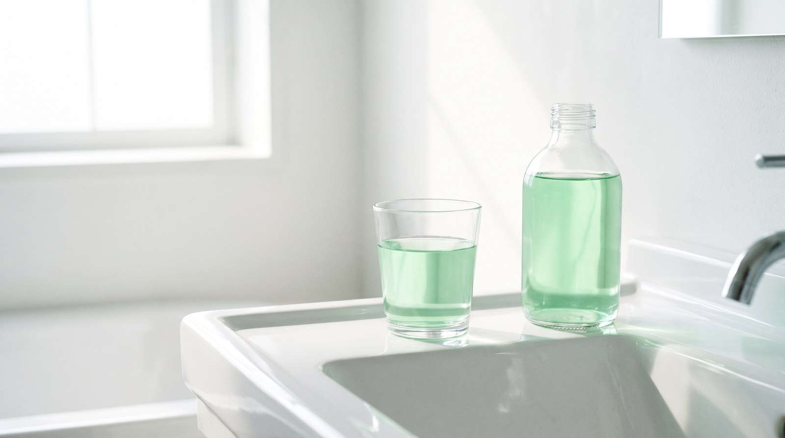 Verre de bain de bouche et flacon posés sur un lavabo de salle de bain