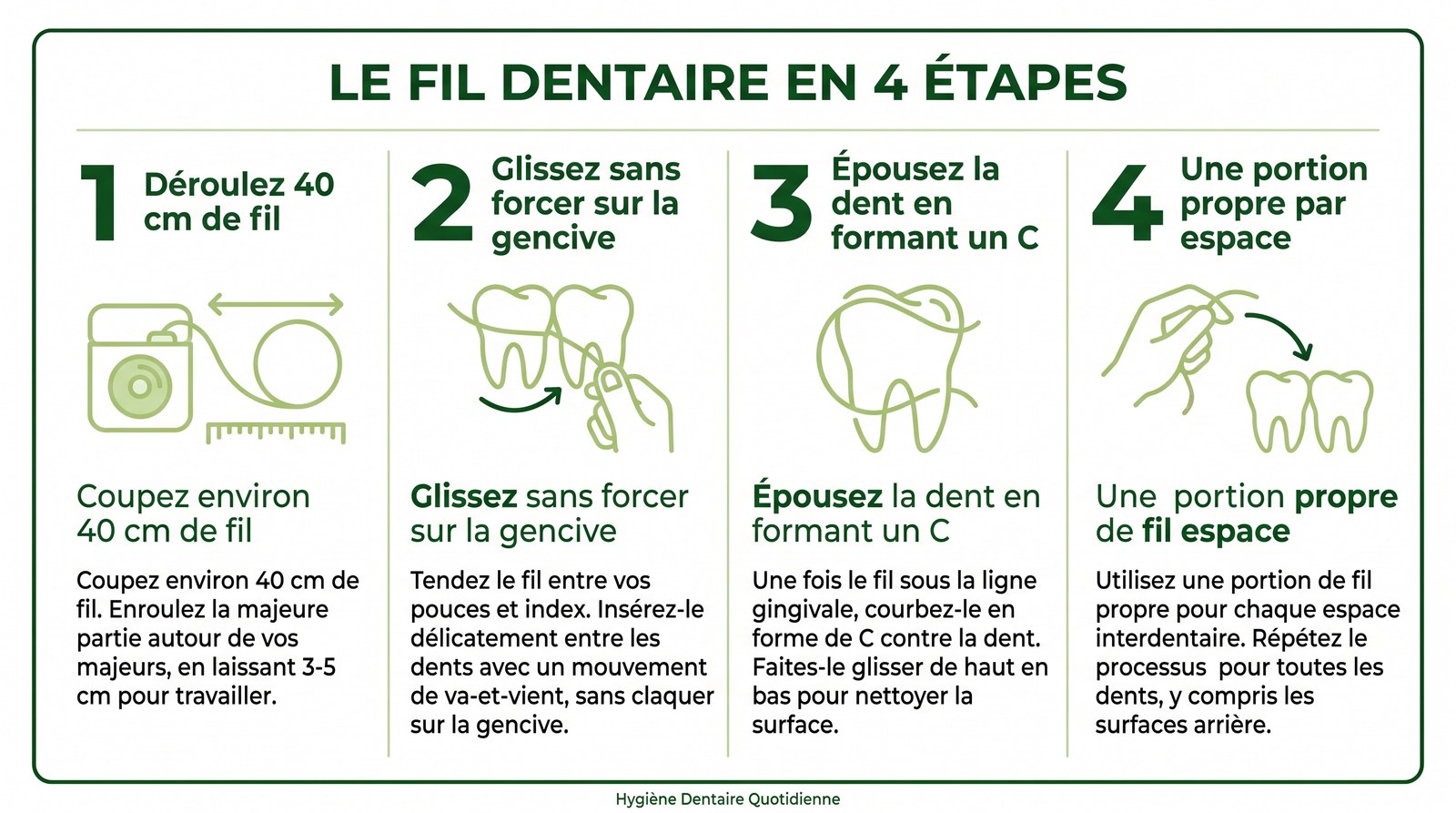 Infographie expliquant comment utiliser le fil dentaire en 4 étapes