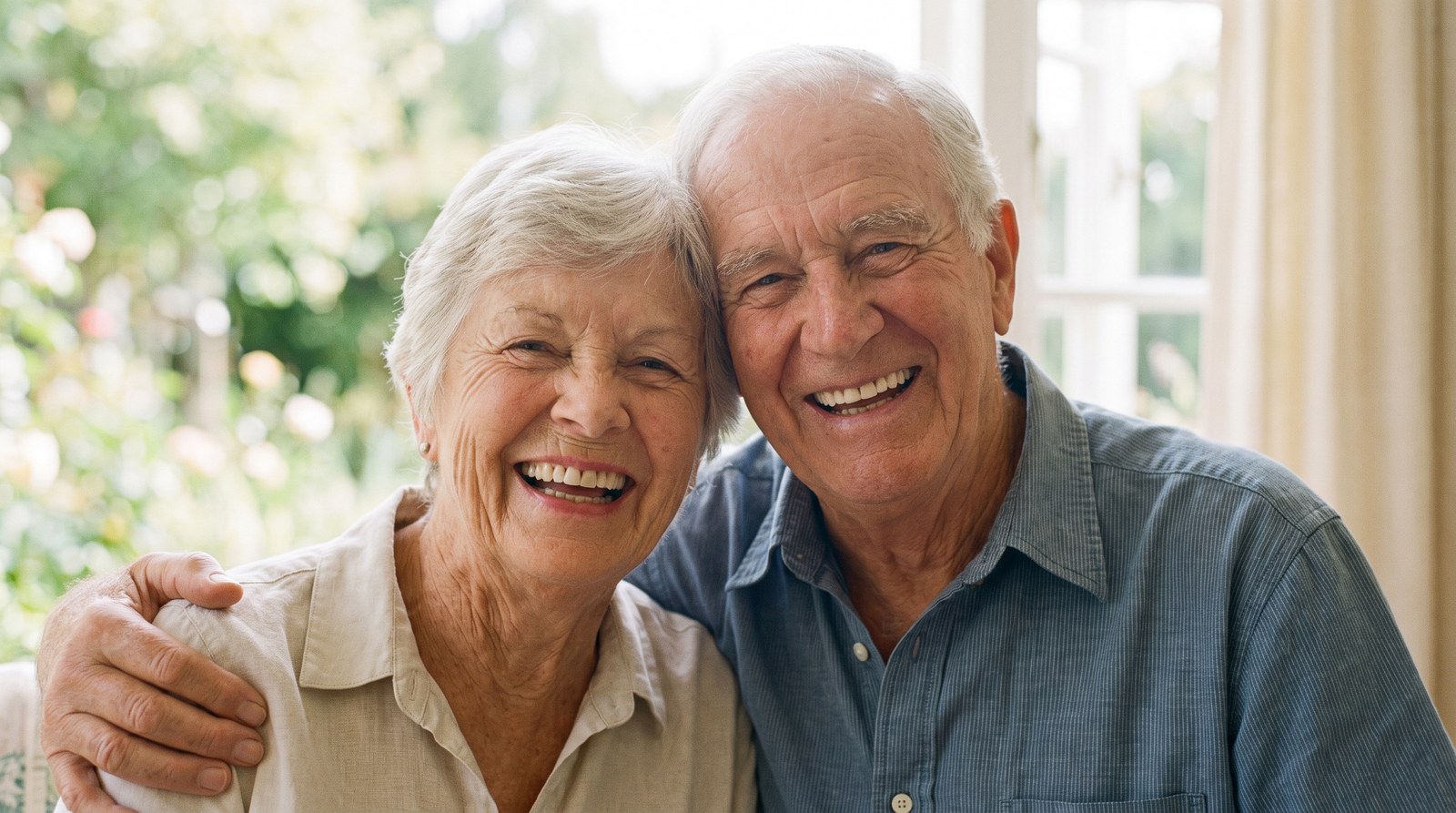 Couple de personnes âgées souriantes montrant de belles dents