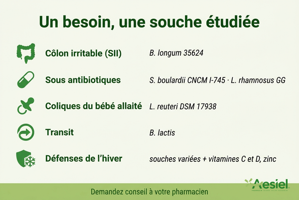 Un besoin, une souche étudiée : côlon irritable, traitement antibiotique, coliques du bébé allaité, transit et défenses de l'hiver
