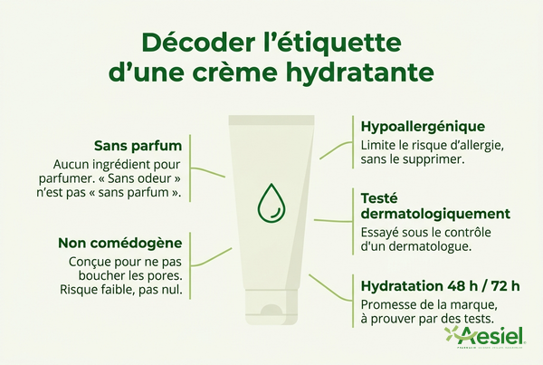 Décoder l'étiquette d'une crème hydratante : sans parfum, non comédogène, hypoallergénique, testé dermatologiquement, hydratation 48 h ou 72 h, avec l'explication de chaque mention