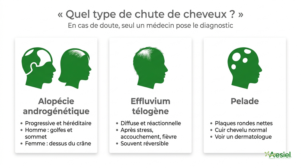 Quel type de chute de cheveux : alopécie androgénétique (progressive et héréditaire), effluvium télogène (diffuse et réactionnelle), pelade (plaques rondes)