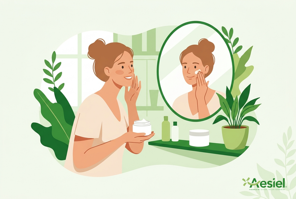 Femme appliquant une crème hydratante sur la joue devant le miroir de sa salle de bain