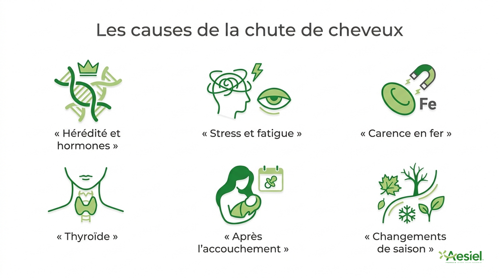 Les causes de la chute de cheveux : hérédité et hormones, stress et fatigue, carence en fer, thyroïde, après l'accouchement, changements de saison