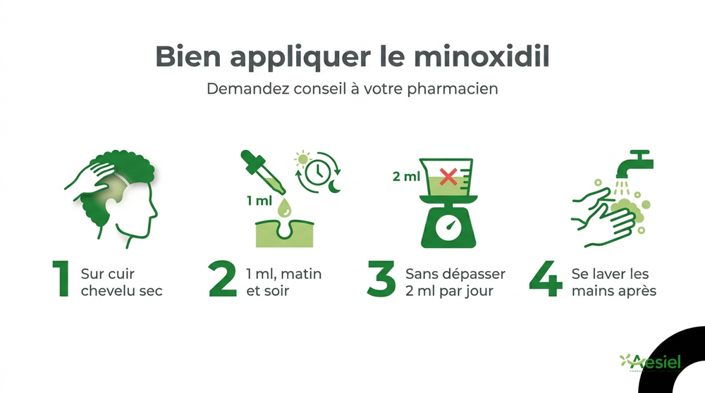Bien appliquer le minoxidil : sur cuir chevelu sec, 1 ml matin et soir, sans dépasser 2 ml par jour, se laver les mains après