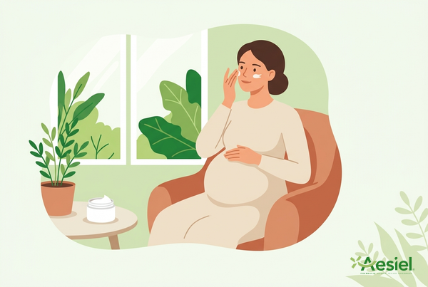Femme enceinte assise près d'une fenêtre appliquant une crème sur son visage