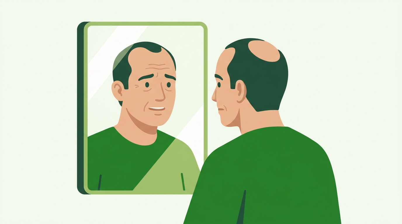 Homme observant sa ligne de cheveux dans un miroir