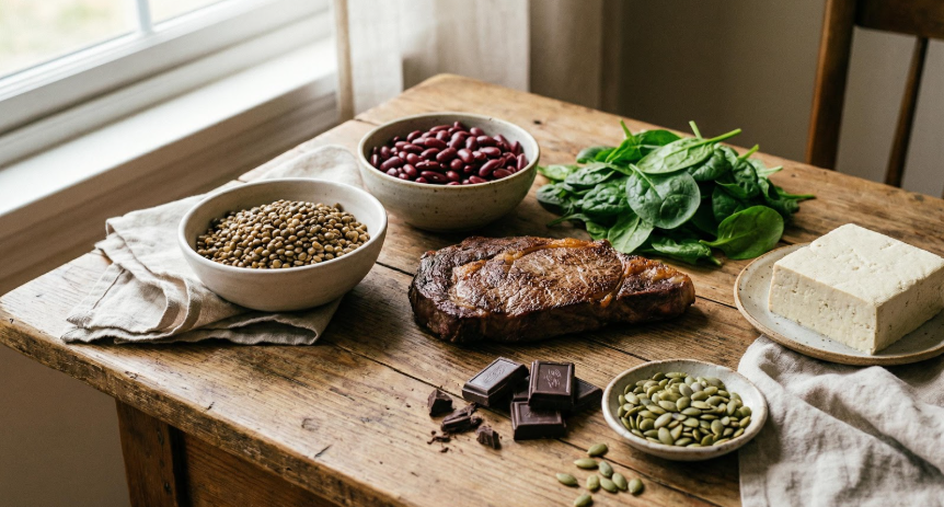 les aliments riches en fer sur une table