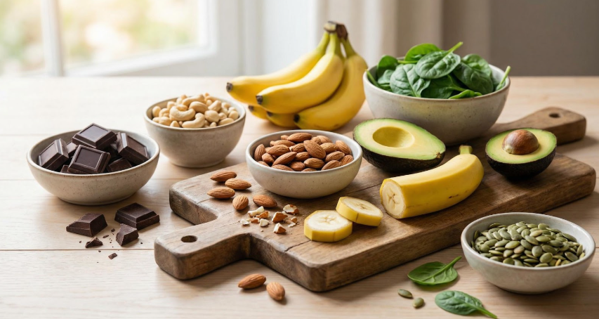 des aliments richents en magnesium comme la banane posés sur une table
