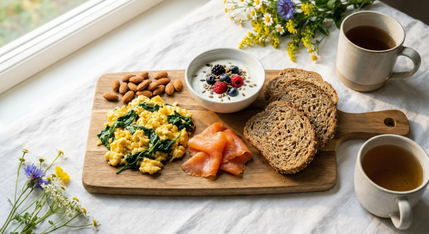 Un brunch remplit de vitamine B avec oeufs, saumon ...
