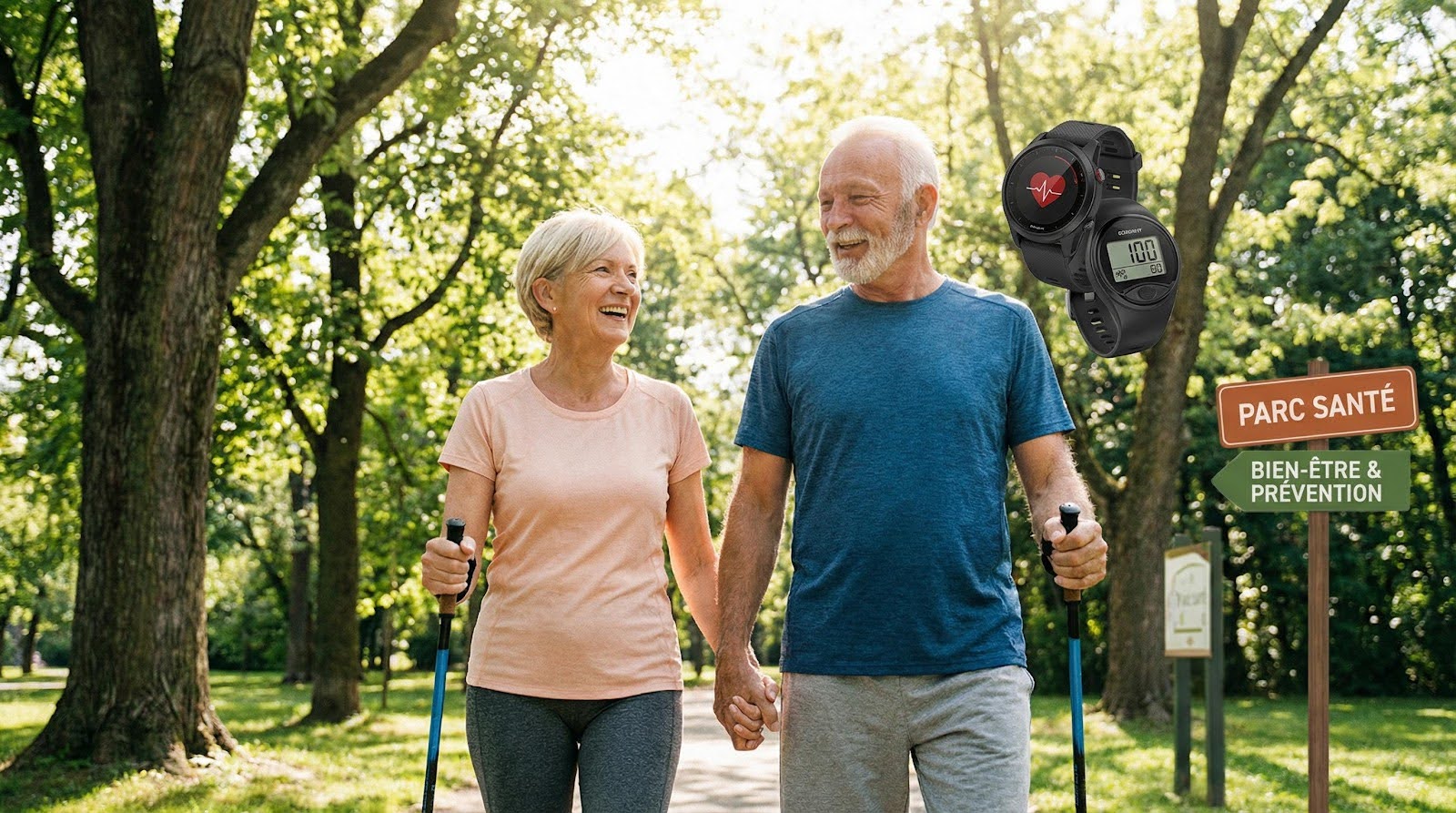 deux seniors en couple qui se baladent en forêt et qui semblent en forme
