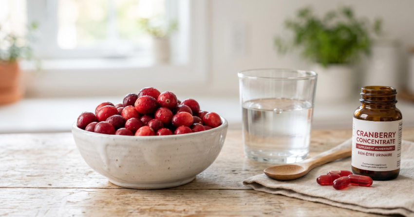 un bol de cranberry sur une table avec un verre d'eau