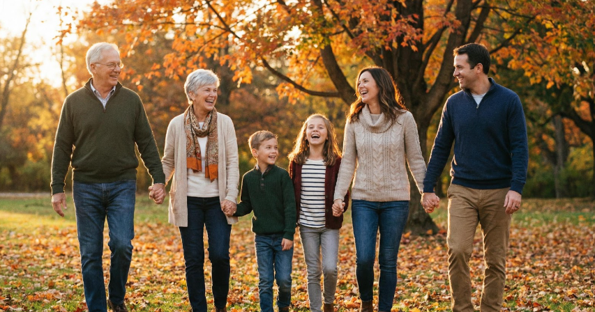 une famille qui se ballade en foret en automne