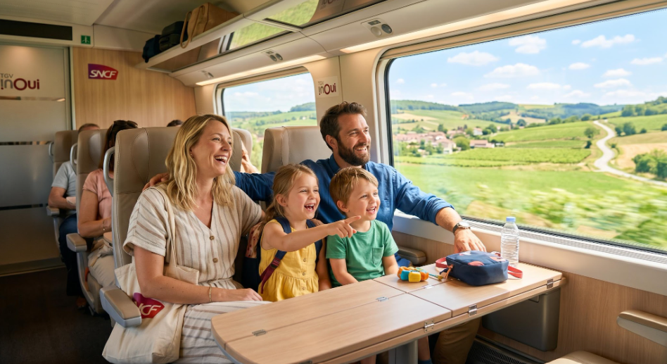 une famille qui prend le train