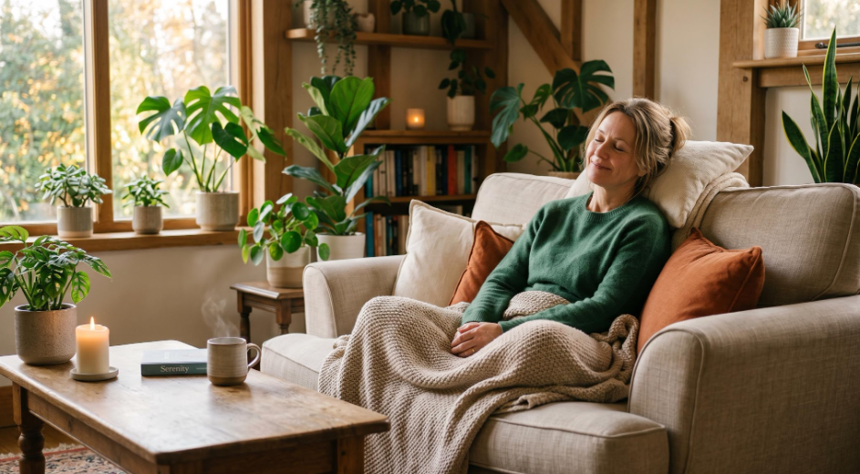 femme qui dort avec le sourire dans son canape