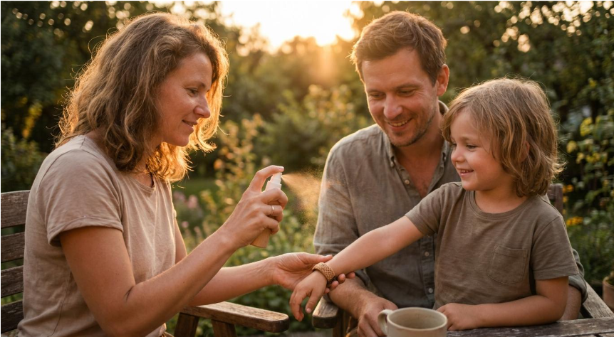 des parents qui appliquent un spray anti moustique sur le bras de leur enfant