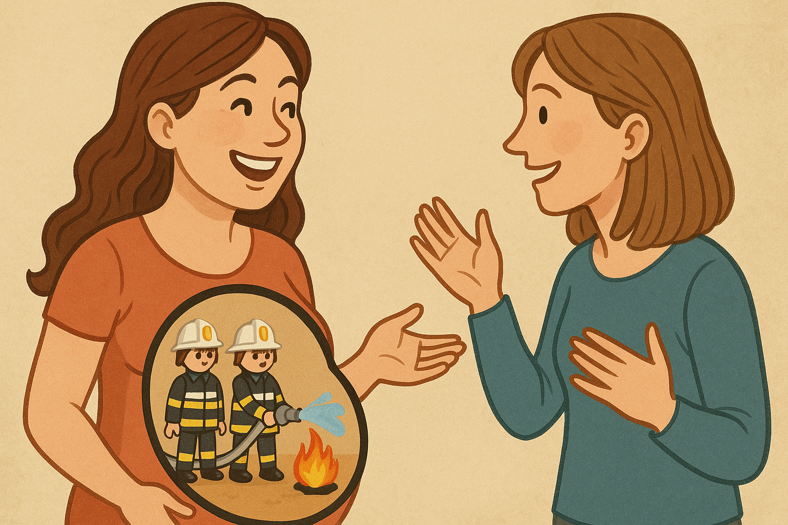 une femme soulagée car ses brulures d'estomac s'estompent grace aux pompiers qui éteignent le feu dans son ventre discutant avec son ami