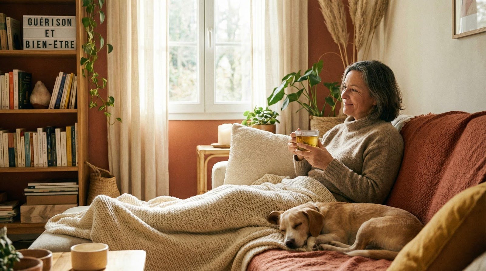une femme avec son chien sur son canapé