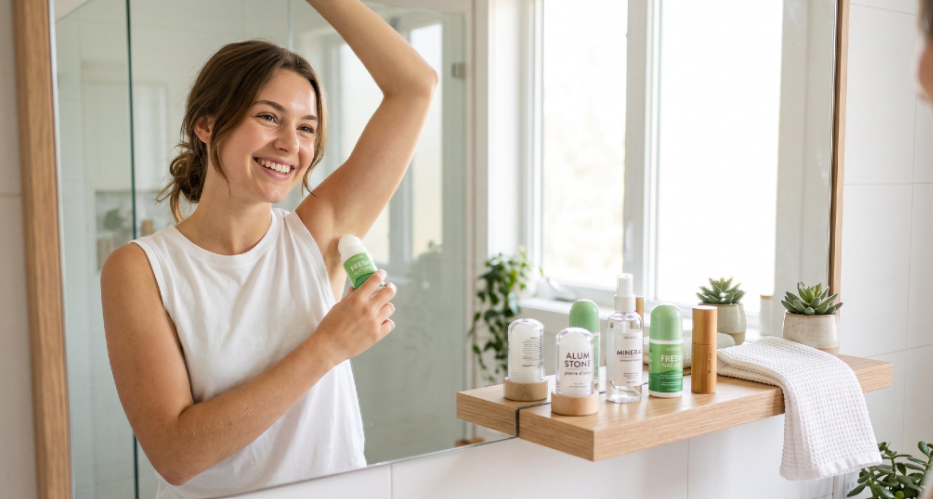 femme qui utilise un déo dans sa salle debain
