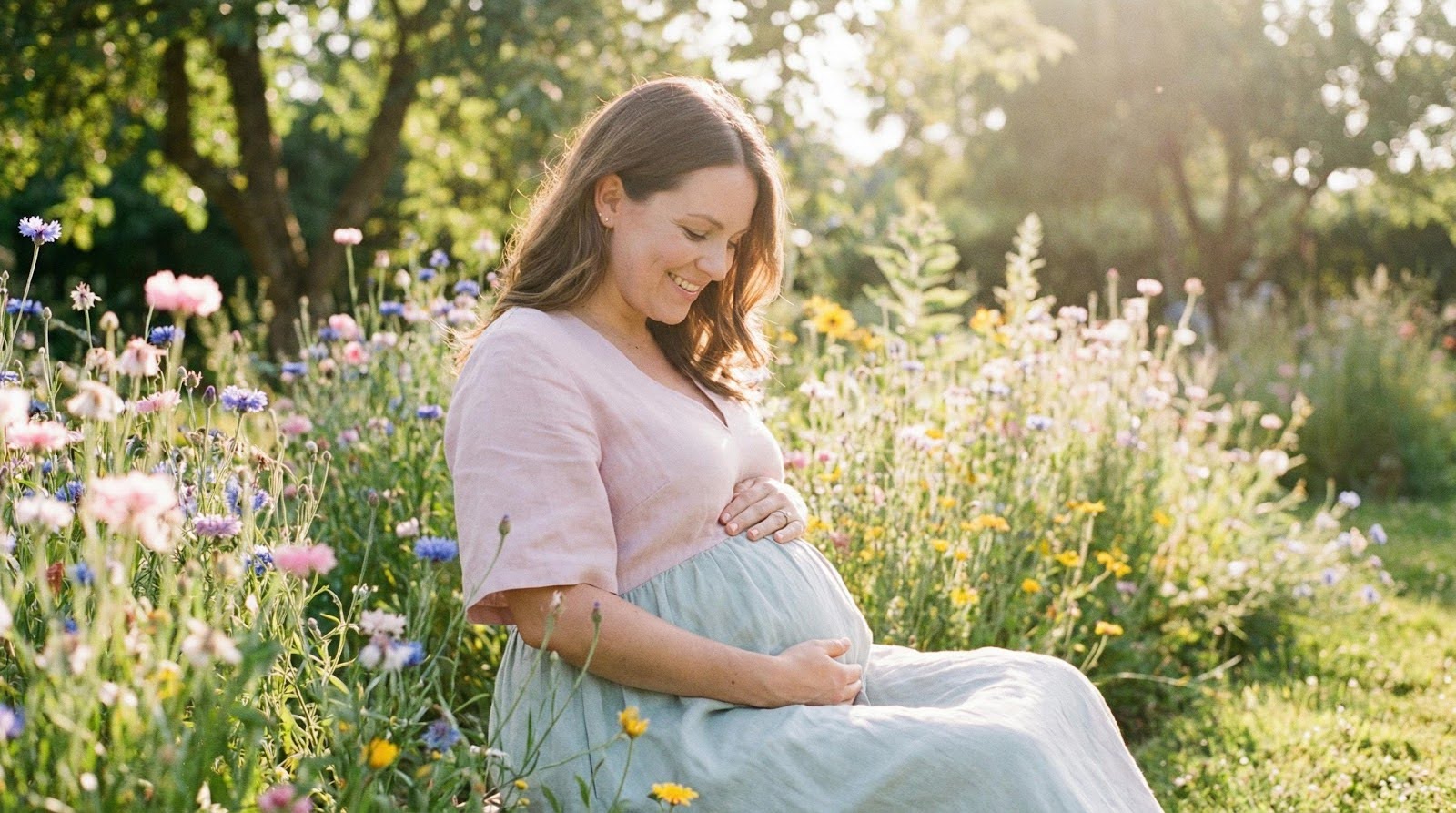 une femme enceinte avec un ventre rond assise dans la nature