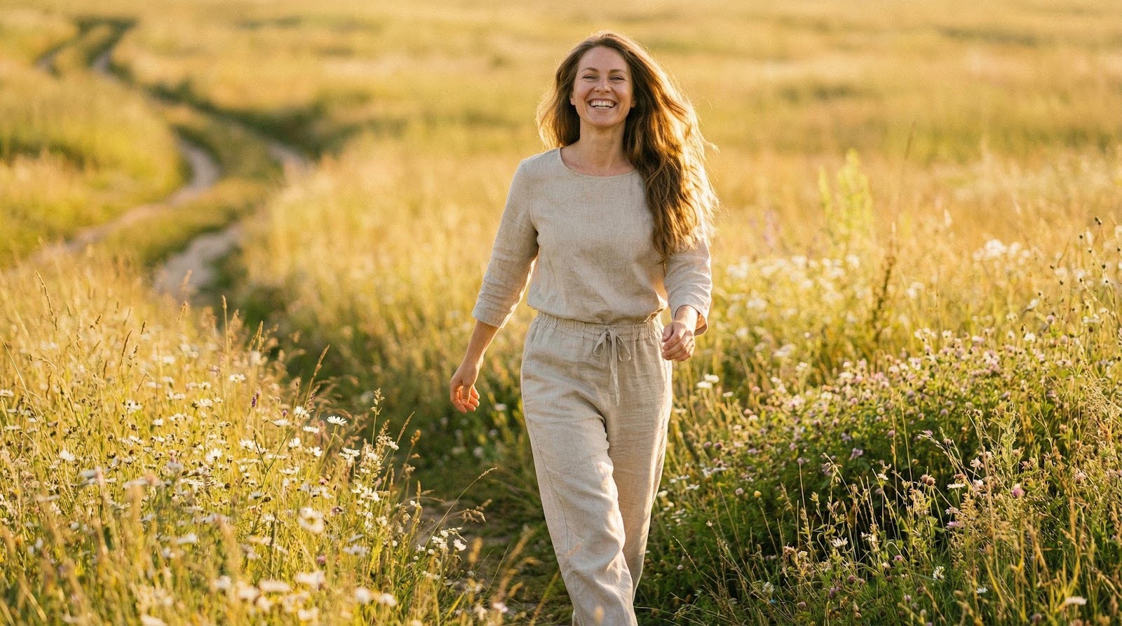 une femme qui marche dans un champs