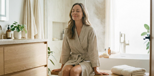 une femme en peignoir dans sa salle de bain