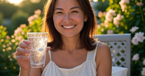 une femme avec un verre d'eau ayant un comprimé de paracétamol effervescent