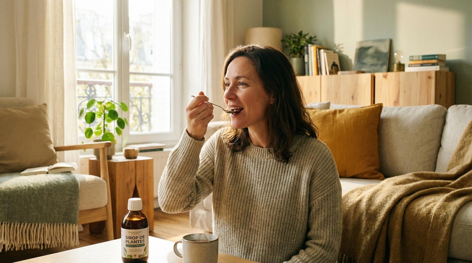 une femme prenant un sirop pour la toux