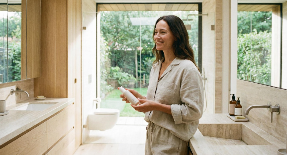une femme dans sa salle de bain prenant son traitement pour les mycoses