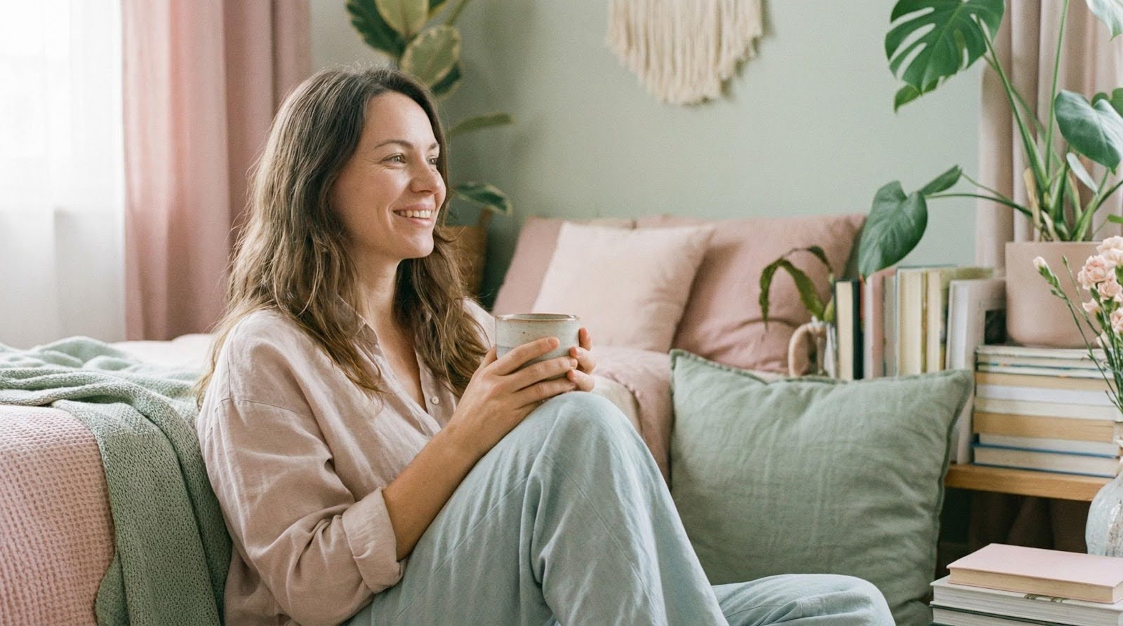 une femme souriante sur son canapé avec un mug