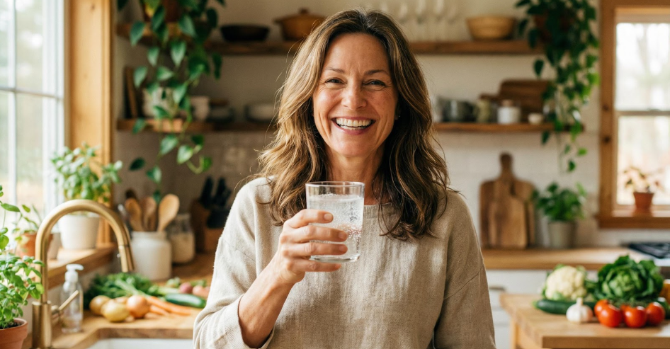une femme qui prend son comprimé de calcium dans un verre d'eau