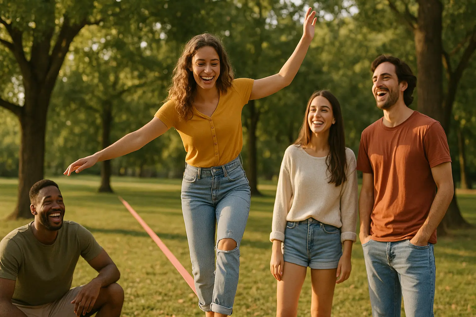 une femme tenant l'équilibre sur une slack line dehors avec ses amis car elle a soigné ses vertiges