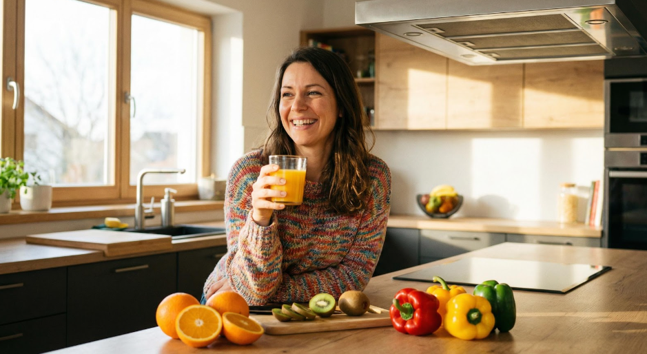 une femme prenant des vitamines avec des fruits