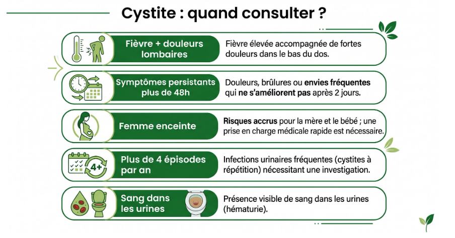 indications pour savoir quand consulter dans le cadre d'une cystite