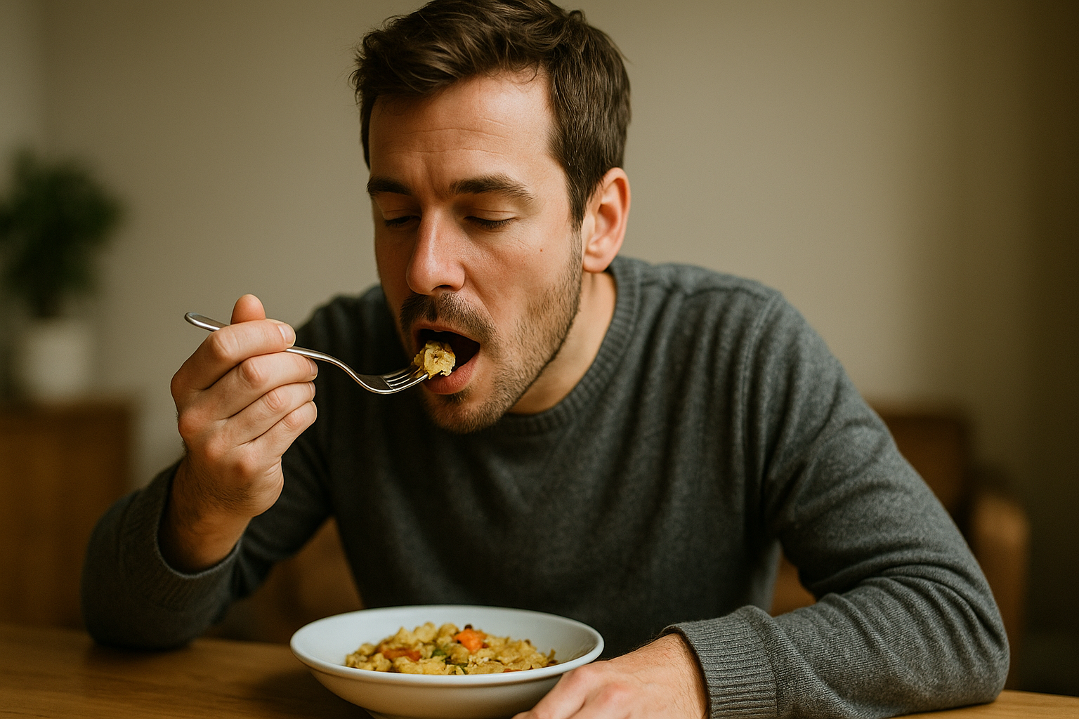 un homme qui mange en portant sa fourchette à sa bouche