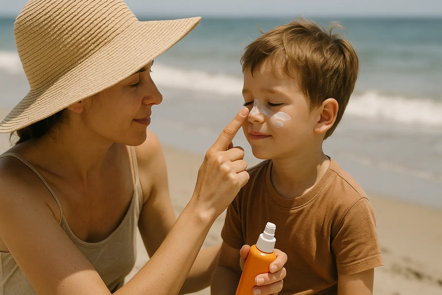 une maman qui applique de la crème solaire sur le visage de son enfant, ils sont à la plage