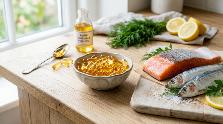 poissons, saumon, gélules omega 3 sur une table, pleins de nutriments riches en omega 3