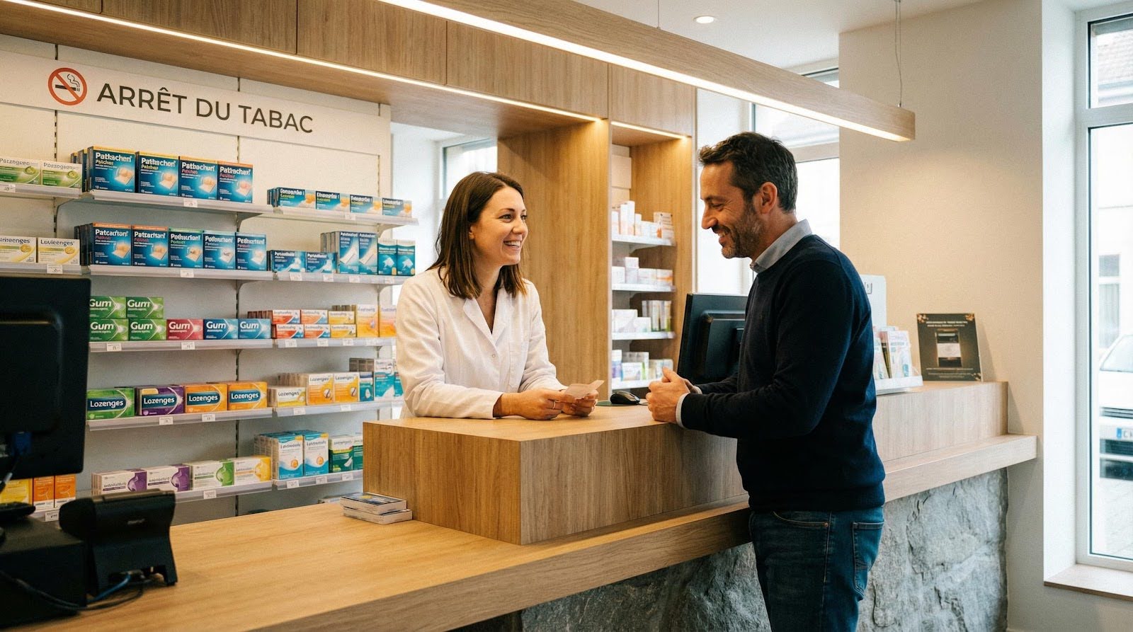 une pharmacienne qui accueille un client qui souhaite arrêter la cigarette