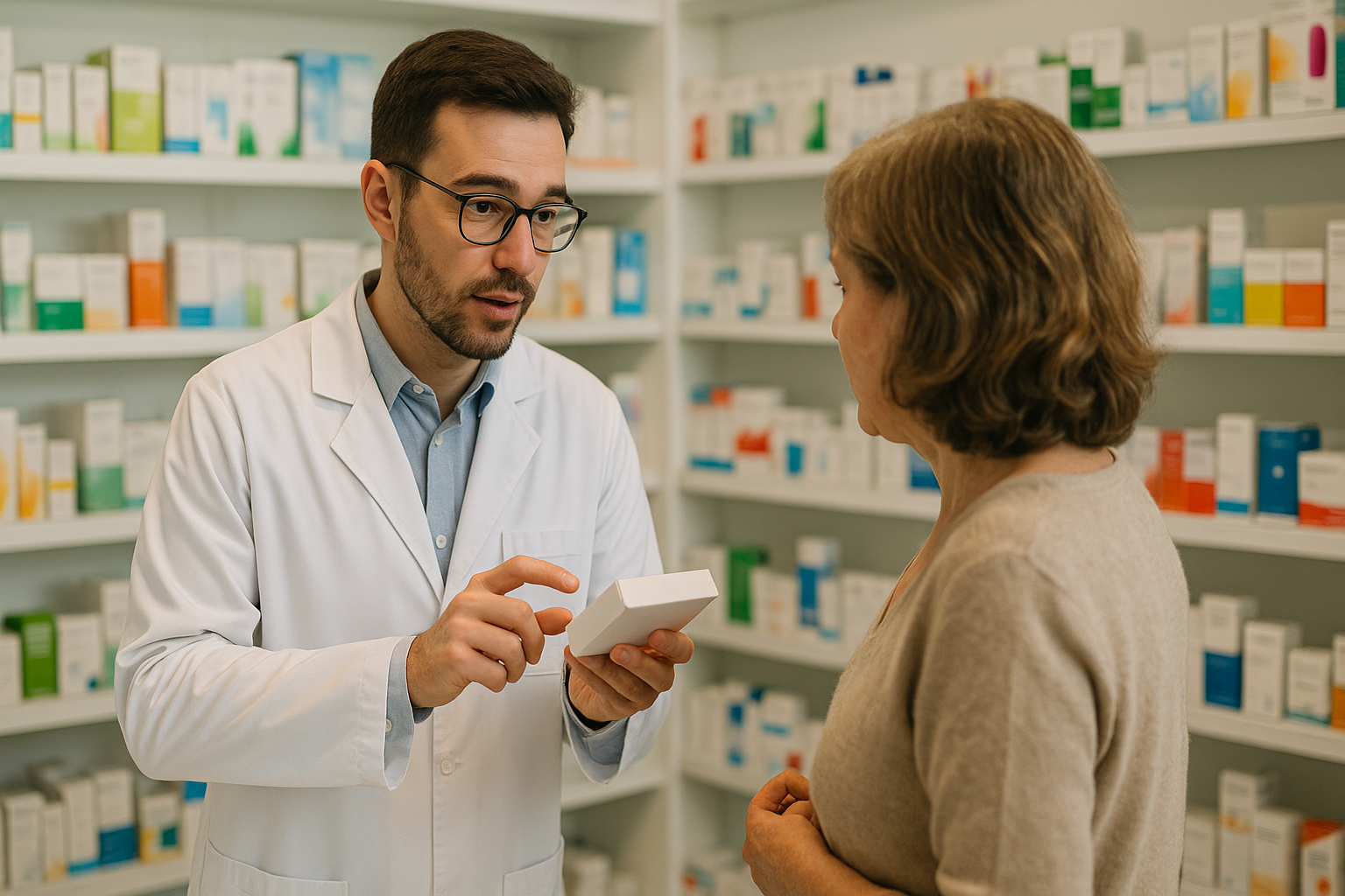 un pharmacien qui conseille sa cliente pour des laxatifs