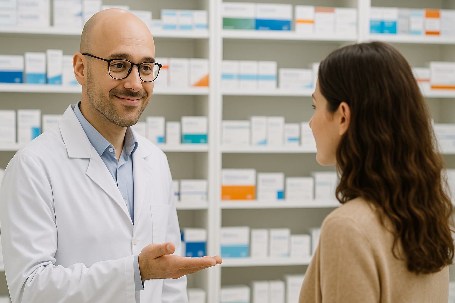 un pharmacien qui conseille sa cliente