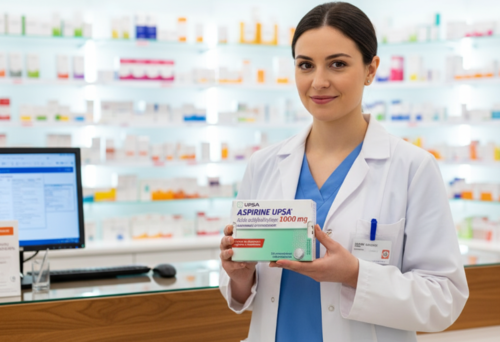 une pharmacienne en blouse avec une boite d'aspirine dans les mains