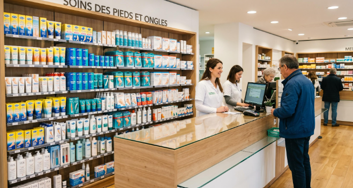 photo du comptoir d'une pharmacie