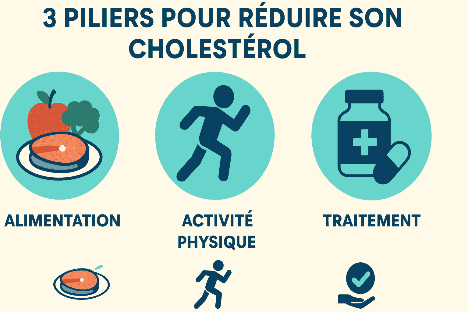 les 3 pilliers du combat contre le cholesterol : du sport, bien manger et prendre des traitements