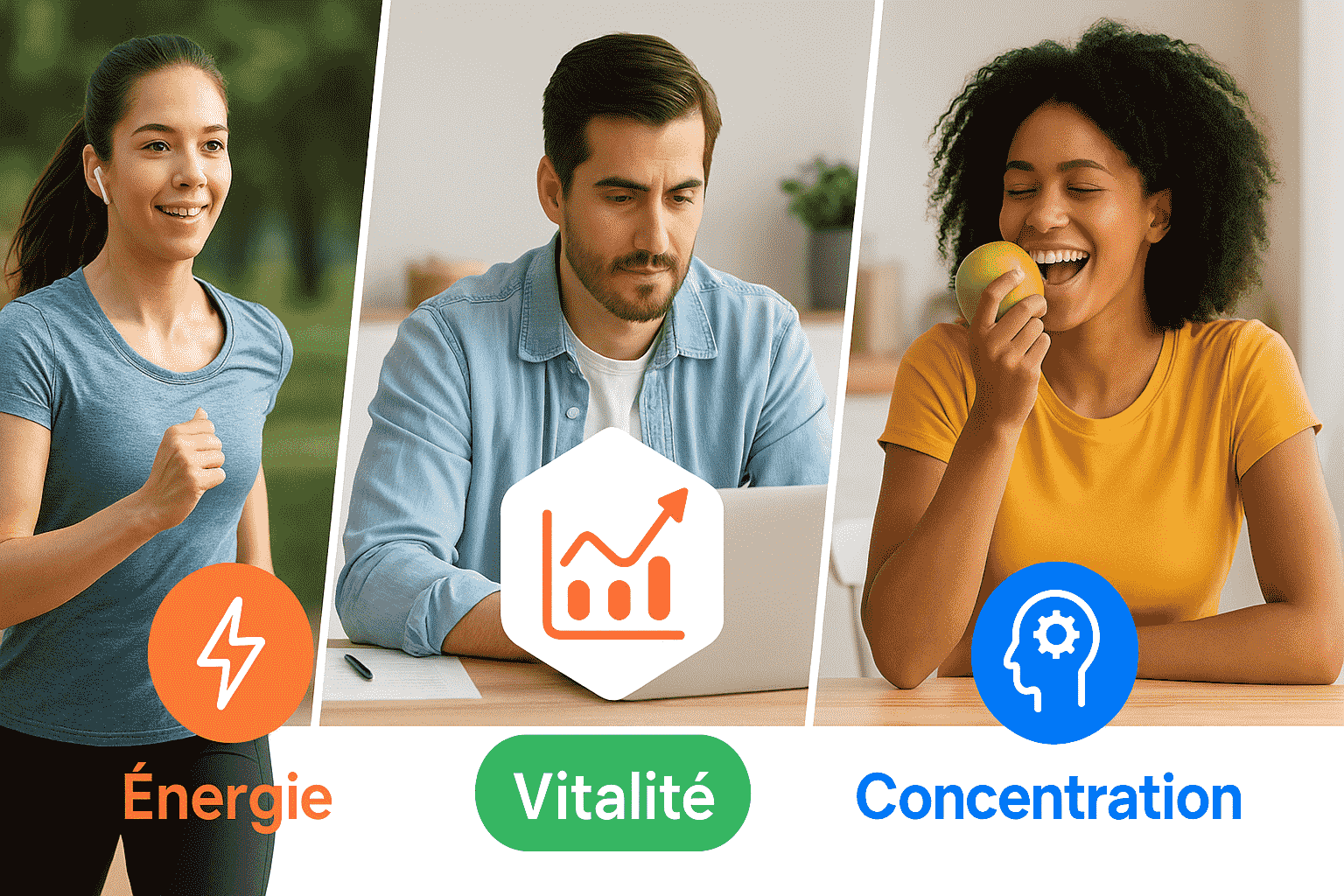 3 personnes qui font du sport, travaillent, mangent une pomme grâce à leur régulateur de diabete