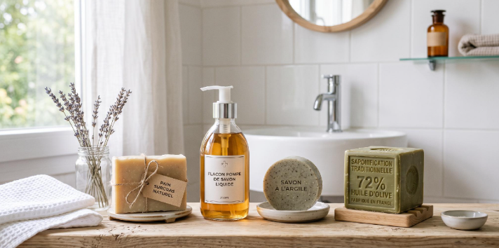 des savons dans une salle de bain